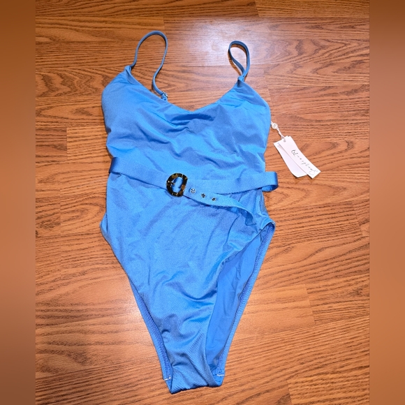 NWT Blue High-Leg One Piece Swimsuit with Belted Detail - Picture 2 of 4
